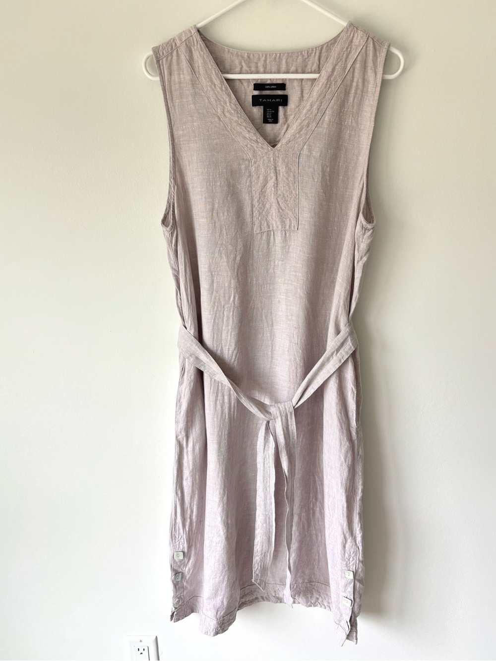 Tahari 100% Linen Sleeveless Midi Dress Belted Waist Muted Lilac Purple